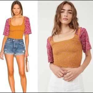 Free People Mustard and Pink Cropped Square-Neck Top